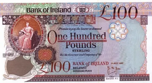 Northern Ireland 100 Pound Bank of Ireland Banknote Front Issued 1995