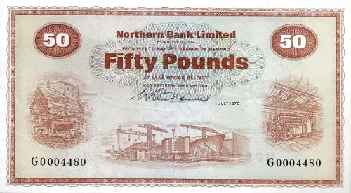 Northern Ireland 50 Pound Northern Bank Banknote Front Issued 1970 Accepted For Exchange