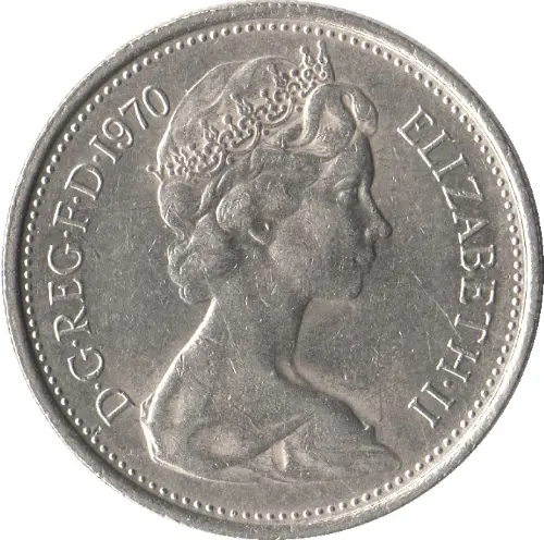 Large British Five Pence Coin 1968 Obverse Side Accepted For Exchange