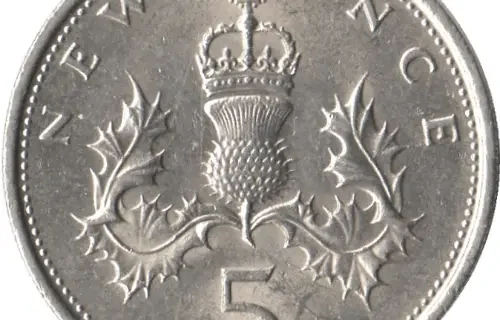 Large British Five Pence Coin 1968 Obverse Side Accepted For Exchange