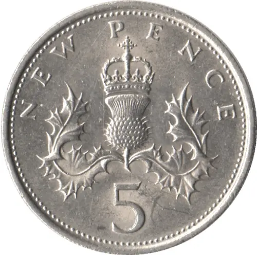 Large British Five Pence Coin 1968 Obverse Side Accepted For Exchange