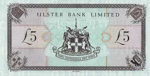 Northern Ireland 5 Pound Ulster Bank Banknote Front Issued 2001 Accepted For Exchange