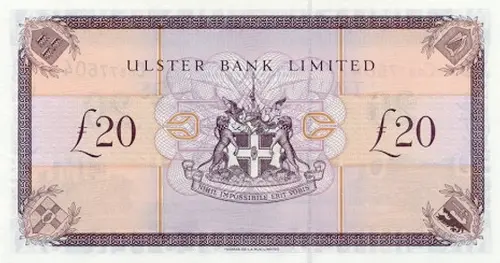 Northern Ireland 20 Pound Ulster Bank Banknote Front Issued 1999 Accepted For Exchange