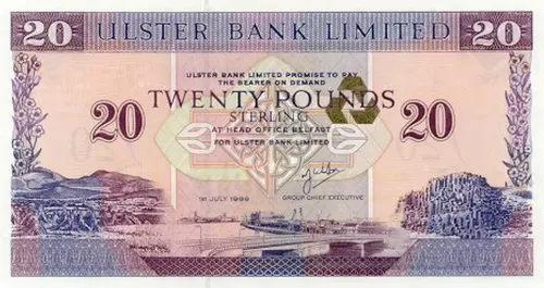 Northern Ireland 20 Pound Ulster Bank Banknote Front Issued 1999 Accepted For Exchange
