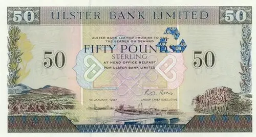 Northern Ireland 50 Pound Ulster Bank Banknote Front Issued 1997 Accepted For Exchange
