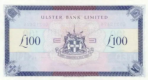 Northern Ireland 100 Pound Ulster Bank Banknote Front Issued 1990 Accepted For Exchange