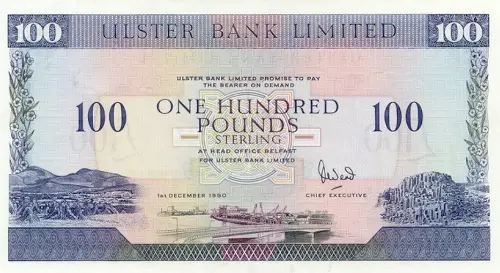 Northern Ireland 100 Pound Ulster Bank Banknote Front Issued 1990 Accepted For Exchange