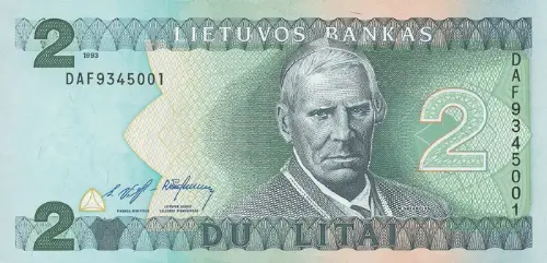 2 Lithuanian Litai Banknote Issued 1993 Front Accepted For Exchange