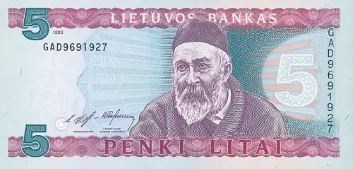5 Lithuanian Litai Banknote Issued 1993 Front Accepted For Exchange