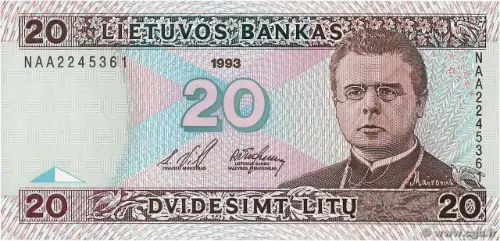 20 Lithuanian Litu Banknote Issued 1993 Front Accepted For Exchange