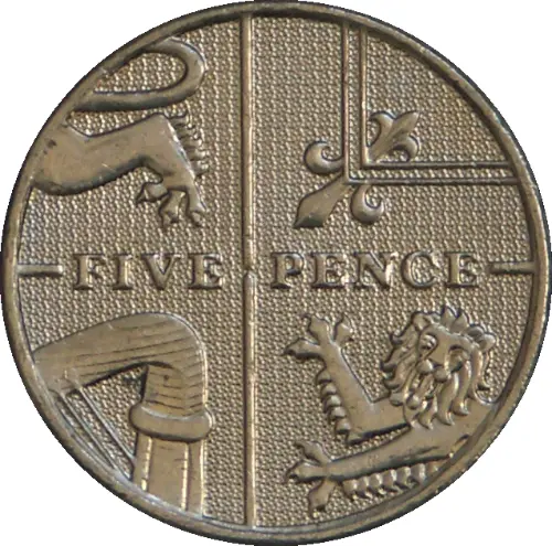 British 5 Pence Coin Obverse 1992 Accepted For Exchange