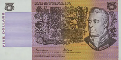 Australian 5 dollar banknote front accepted for exchange