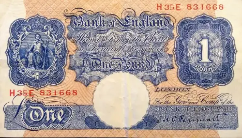 British 1 Pound Banknote (Britannia Blue-Red) Issued 1940 Front accepted for exchange