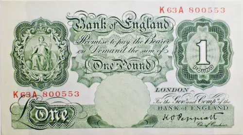 British 1 Pound Banknote (Britannia Green) Issued 1928 Front accepted for exchange