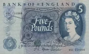 Bank of England 5 Pounds banknote (HM the Queen portrait type) Front Accepted for exchange 1963