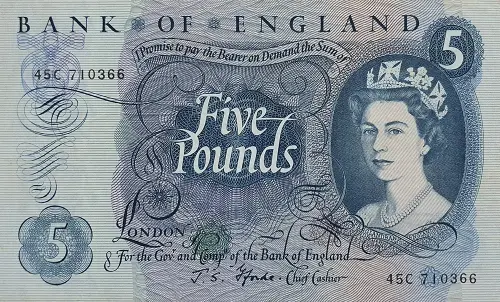Bank of England 5 Pounds banknote (HM the Queen portrait type) Front Accepted for exchange 1963