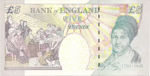 Bank of England 5 Pounds banknote (Elizabeth Fry) Front Accepted for exchange 2002