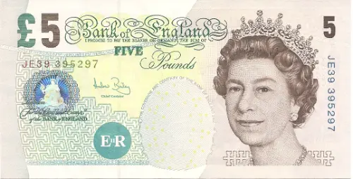 Bank of England 5 Pounds banknote (Elizabeth Fry) Front Accepted for exchange 2002