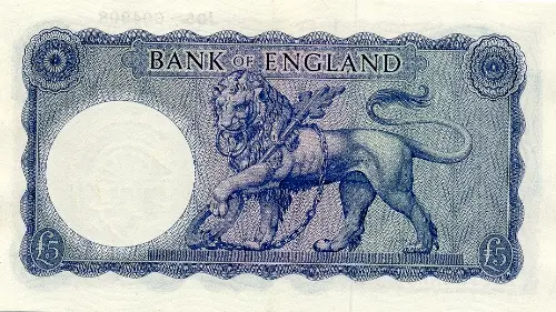 British 5 Pounds Banknote (Helmeted Britannia) Front Issued 1957