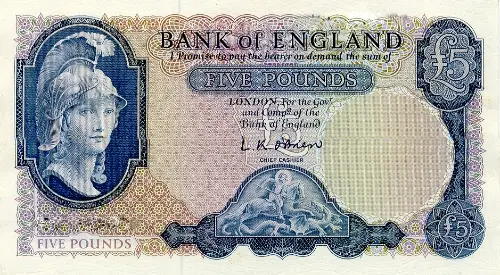 British 5 Pounds Banknote (Helmeted Britannia) Front Issued 1957