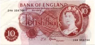 Bank of England 10 Shillings banknote (HM Queen Portrait) Front Accepted for exchange 1961