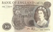 Bank of England 10 Pound Sterling banknote (HM Queen Portrait) Front Accepted for exchange 1964