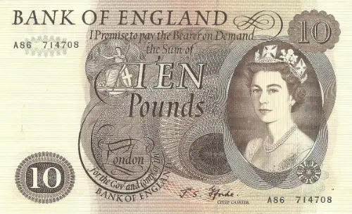 Bank of England 10 Pound Sterling banknote (HM Queen Portrait) Front Accepted for exchange 1964