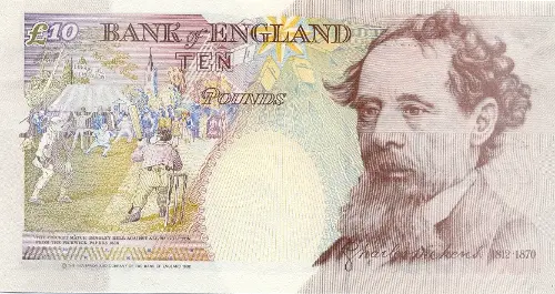 British 10 Pound Banknote Front (Charles Dickens) Issued 1993 Accepted For Exchange