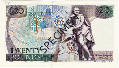 Bank of England 20 Pounds Banknote (William Shakespeare) Front Accepted For exchange 1970