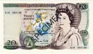 Bank of England 20 Pounds Banknote (William Shakespeare) Front Accepted For exchange 1970