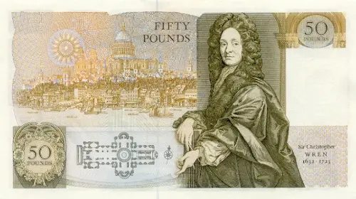 Bank of England 50 Pounds Banknote (Sir Christopher Wren) Front accepted for exchange issued 1981