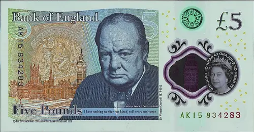 Current 5 Pound Bank of England (Sir Winston Churchill) Banknote 2016 Front Accepted For Exchange