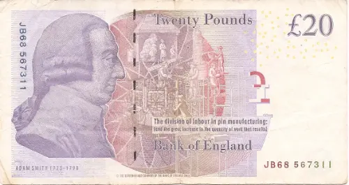 Current 20 Pound Bank of England (Adam Smith) Banknote 2007 Front Accepted For Exchange