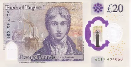 Current 20 Pound Bank of England (JMW Turner) Banknote 2020 Front Accepted For Exchange