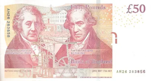 Current 50 Pound Bank of England (Boulton And Watt) Banknote 2011 Front Accepted For Exchange