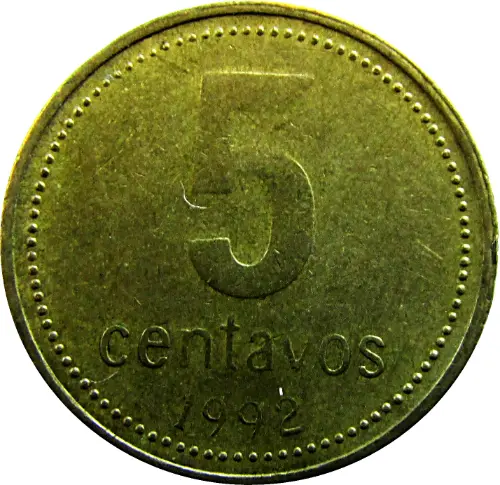 Argentine Peso 5 Centavos Coin Front Issued 1992 Accepted for Exchange