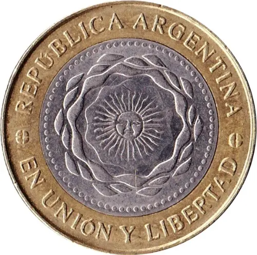 Argentine Peso 2 Argentine Peso Coin Front Issued 2010 Accepted for Exchange