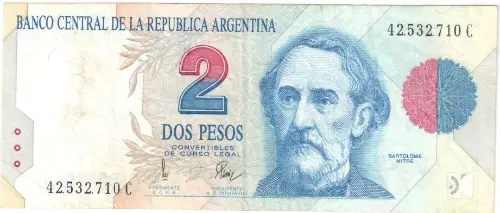 2 Argentine Peso Banknote 1st Series (Bartolome Mitre) Front Issued 1992 Accepted For Exchange2 Argentine Peso Banknote 1st Series (Bartolome Mitre) Front Issued 1992 Accepted For Exchange