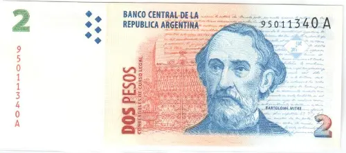 2 Argentine Peso Banknote 2nd Series (Bartolome Mitre) Front Issued 1997 Accepted For Exchange