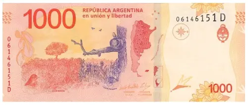 1000 Argentine Peso Banknote 4th Series (Hornero) Front Issued 2017 Accepted For Exchange