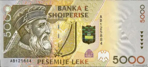 5000 Albanian Lek Banknote (Skanderbeg) Front Issued 1999 Accepted For Exchange