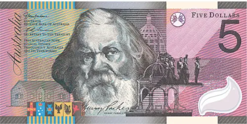 Australian 5 dollar banknote Federation Sir Henry Parks front side accepted for exchange
