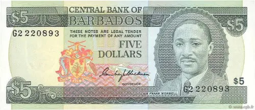 5 Barbados Dollar banknote  Front Issued 1976 Accepted For Exchange