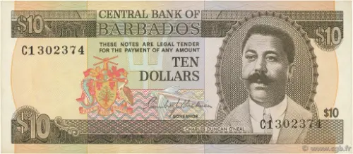 10 Barbados Dollar banknote  Front Issued 1973 Accepted For Exchange