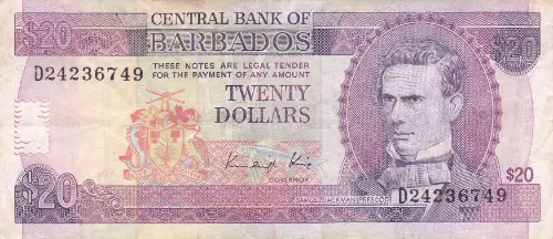 20 Barbados Dollar banknote  Front Issued 1988 Accepted For Exchange