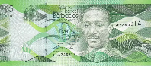 5 Barbadian Dollar Banknote (Three Ws Oval Cricket)  Issued 2013 Front Accepted For Exchange