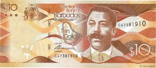 10 Barbadian Dollar Banknote (Charles Duncan O’Neal bridge) Issued 2013 Front Accepted For Exchange