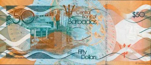50 Barbadian Dollar Banknote (Independence Buildings) Issued 2013 Front Accepted For Exchange