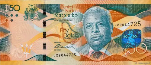 50 Barbadian Dollar Banknote (Independence Buildings) Issued 2013 Front Accepted For Exchange