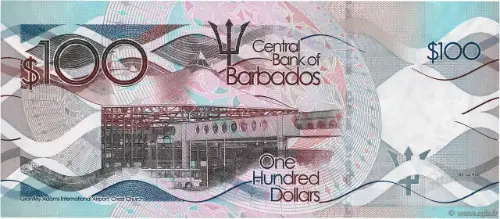 100 Barbadian Dollar Banknote (Grantley Adams International Airport) Issued 2013 Front Accepted For Exchange